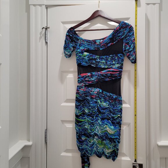 BCBG MAXAZRIA Runway Dress. Mesh Cutouts. Blue Abstract Bodycon. Size S. - Picture 12 of 16